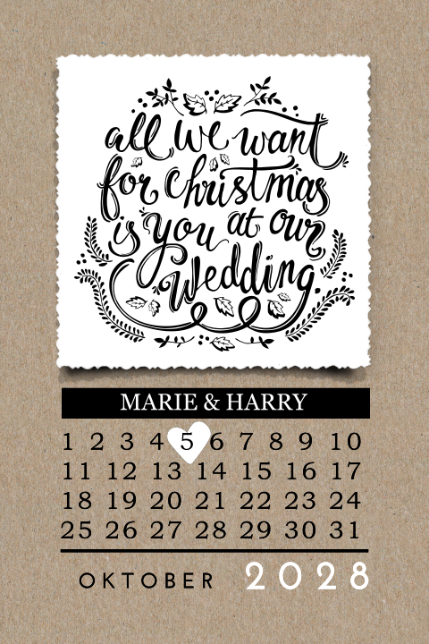 Save the Date - Weihnachtskarte auf Kraftpapier mit Kalender und Foto