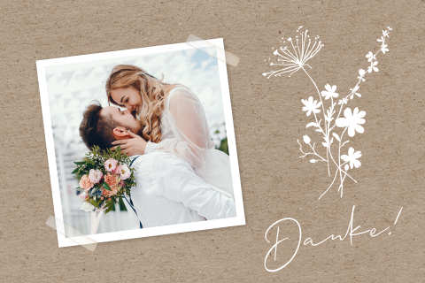 Stilvolle Danksagungskarte mit Foto und Blumen aus Kraft-Look