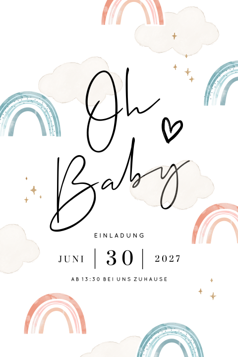 Einladung zur Gender Reveal Party mit bunten Regenbögen und Wolken