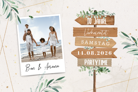 Einladungskarte zur Rosenhochzeit mit Bild, Wegweiser und Zweigen