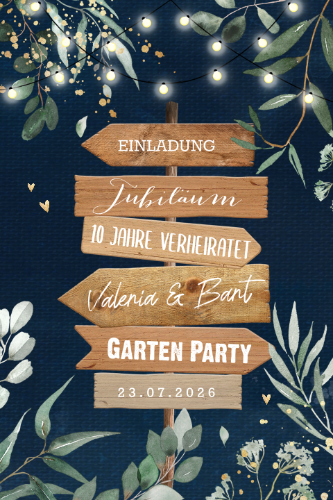 Einladungskarte zur Rosenhochzeit mit Wegweiser und Zweigen