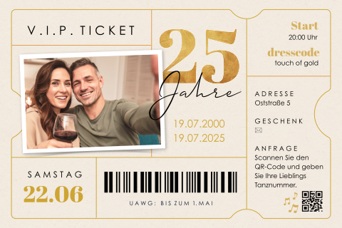 Spielerische Einladung zur Silberhochzeit in Ticket-Form