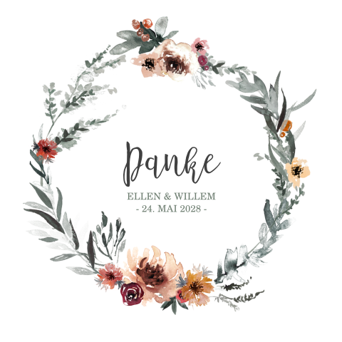 Dankeskarte mit Foto und Blumenkranz in Rosa und Orange