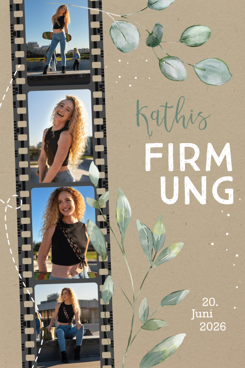 Einladung Firmung im Kraft-Look mit Eukalyptus und Fotostreifen