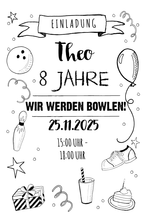 Einladung zur Bowlingparty in Schwarzweiss - Junge