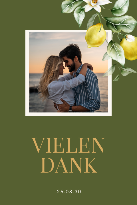 Dankeskarte zur Hochzeit mit eigenem Foto und Zitronen