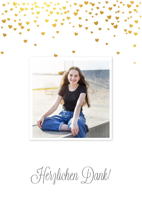 Dankeskarte Jugendweihe mit Foto und goldenem Konfetti mit Herzen