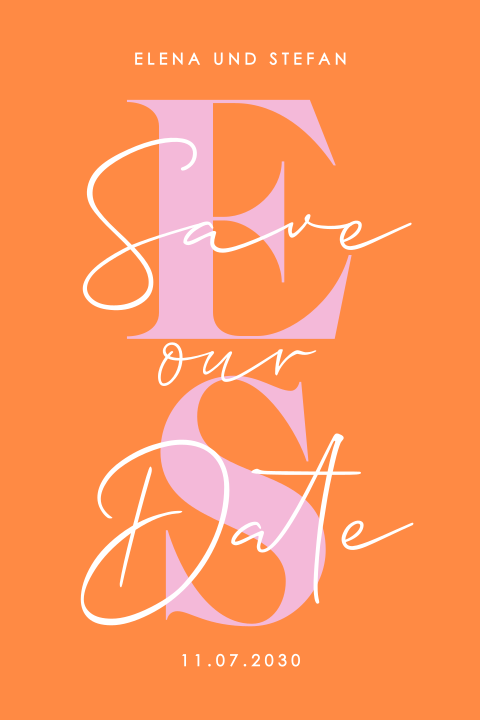 Colourblocking Save the Date-Karte mit Orange und Lila