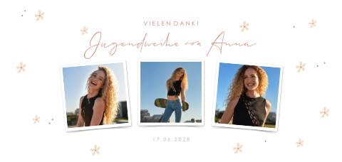 Danksagung Jugendweihe mit drei Fotos und Blümchen  im Panorama-Format