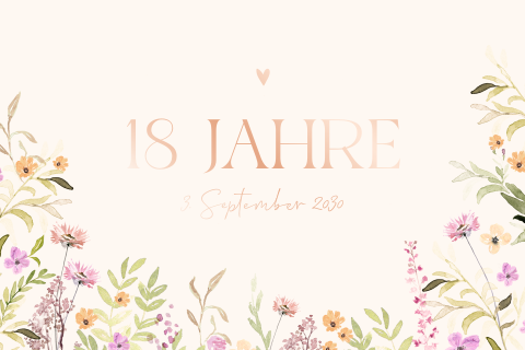 Verspielte Einladung zum 18. Geburtstag mit Blumen in Pastellfarben