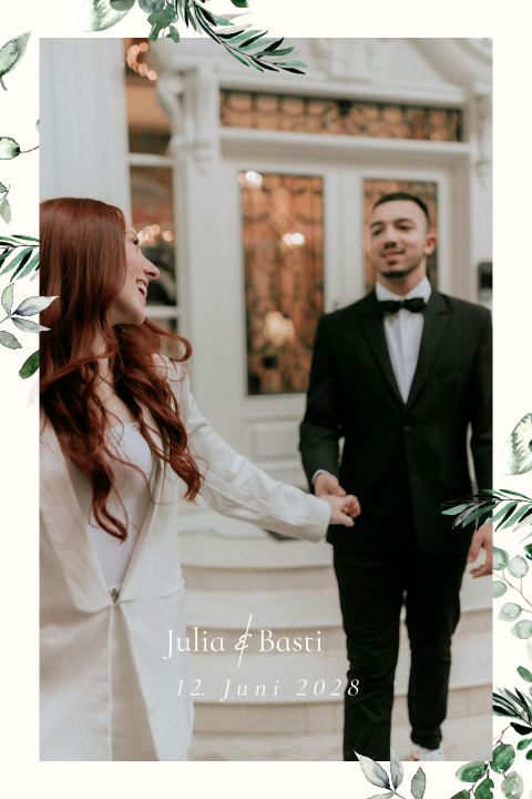Dankeskarte Hochzeit mit großem Foto und Eukalyptuszweigen