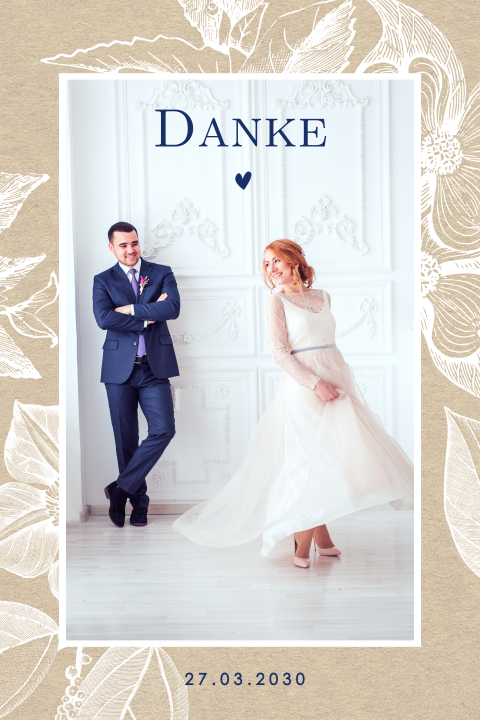Klassische Dankeskarte mit braune Blumen und Foto
