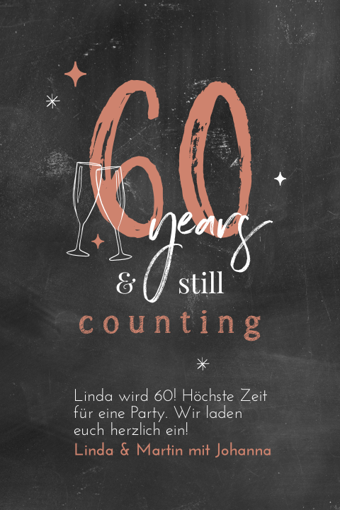 Einladung zum 60. Geburtstag mit runden Ecken und Sektgläsern