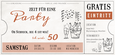 Einladung in Ticketform zum 50sten Geburtstag