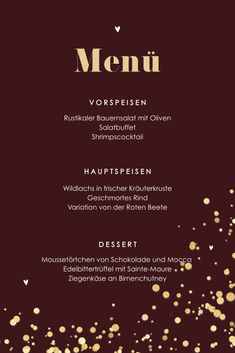 Klassische Menükarte zum Jubiläum mit Goldtupfern und Herzen