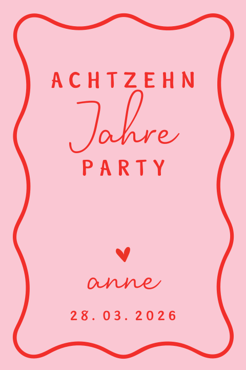 Rosa Einladungskarte zum 18. Geburtstag mit roter Schrift und Herzen