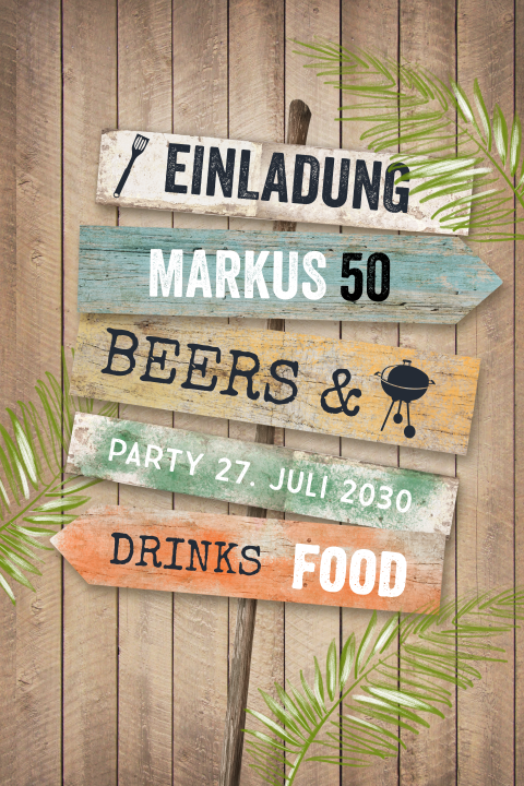 Einladung zum 50. Geburtstag für BBQ mit Holz-Motiv und Wegweiser