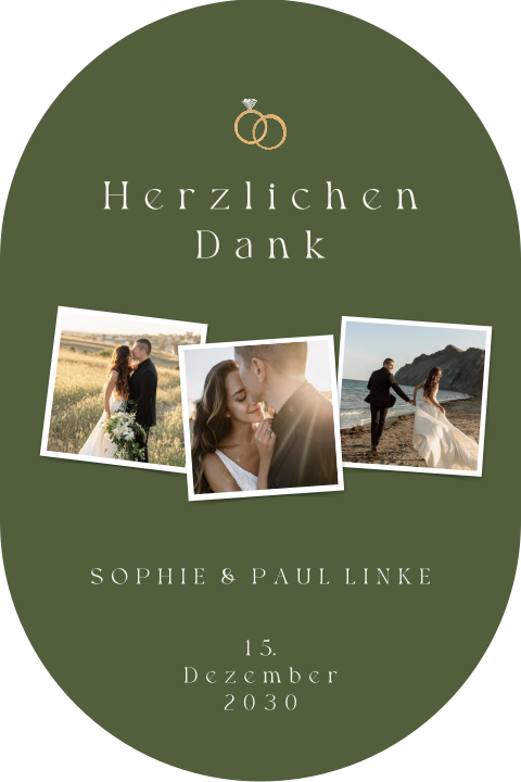 Ovale Dankeskarte zur Hochzeit mit eigenen Bildern und Eheringen