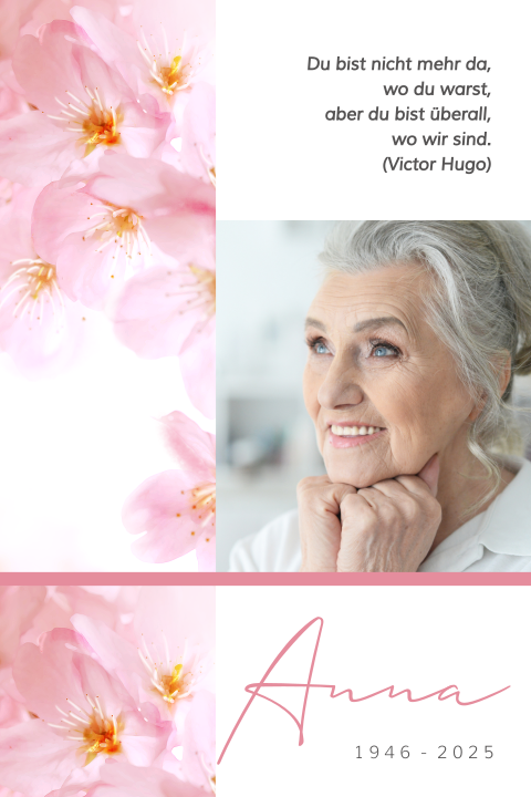 Trauerkarte mit rosa Blumen und Foto