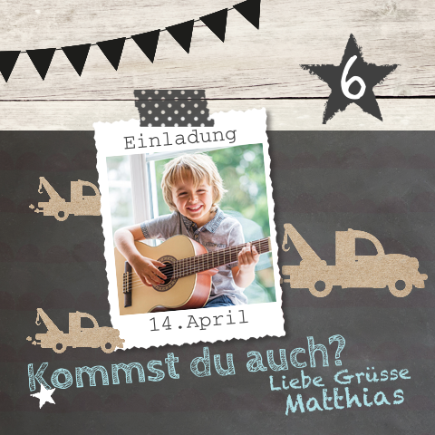 Einladung zum Kindergeburtstag für Jungs mit Holzlook