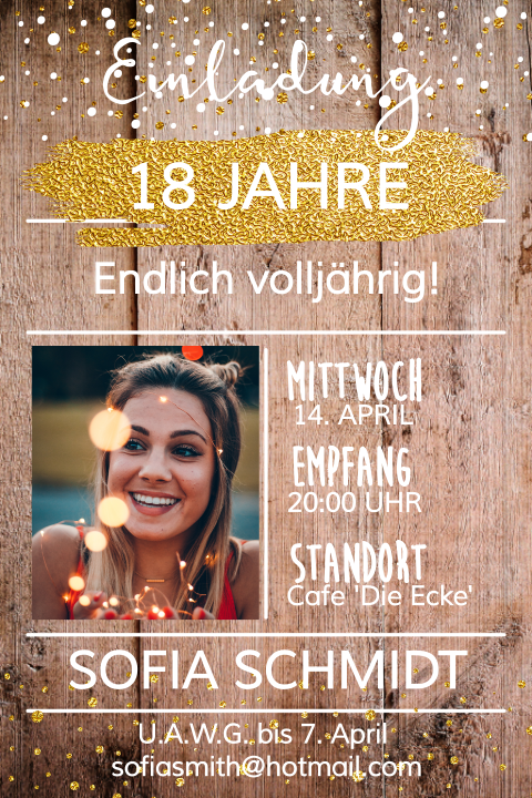 Einladung zum 18. Geburtstag mit Holzhintergrund, Foto und Konfetti