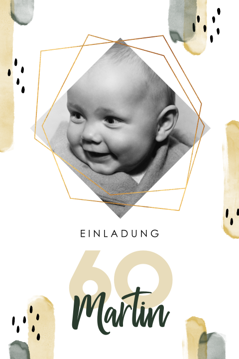 Einladungskarte zum 60. Geburtstag mit Aquarell-Elementen und Foto