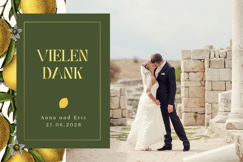Mediterrane Dankeskarte zur Hochzeit mit Zitronen, Blättern und Blüten