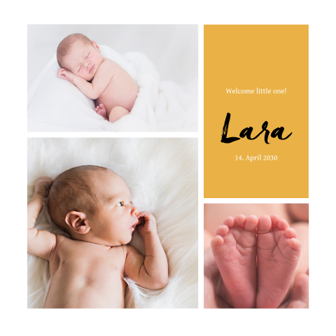 Baby Geburtskarte mit eigenen Fotos und gelben Farbakzenten