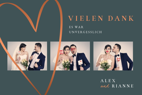 Moderne Dankeskarte mit drei Bildern und großem Herz