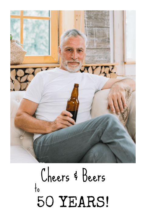 Einladungskarte Cheers and Beers zum 50. Geburtstag mit Foto