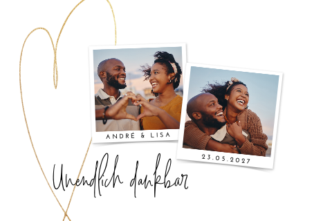 Danksagungskarte mit Polaroid-Fotos und großem Herz