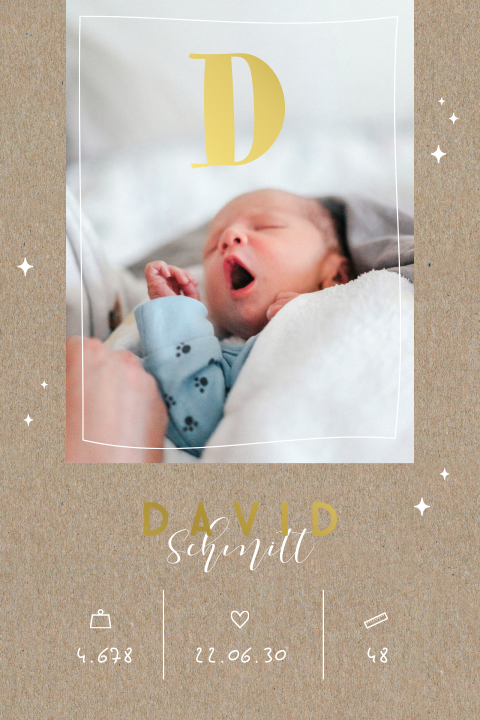 Dankeskarte im Kraftpapierlook mit Goldfolie, Initiale und Foto