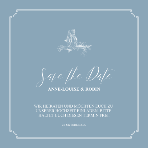 Klassische Save the Date Karte mit weißem Toile-de-Jouy und elegantem Rahmen auf blauem Hintergrund