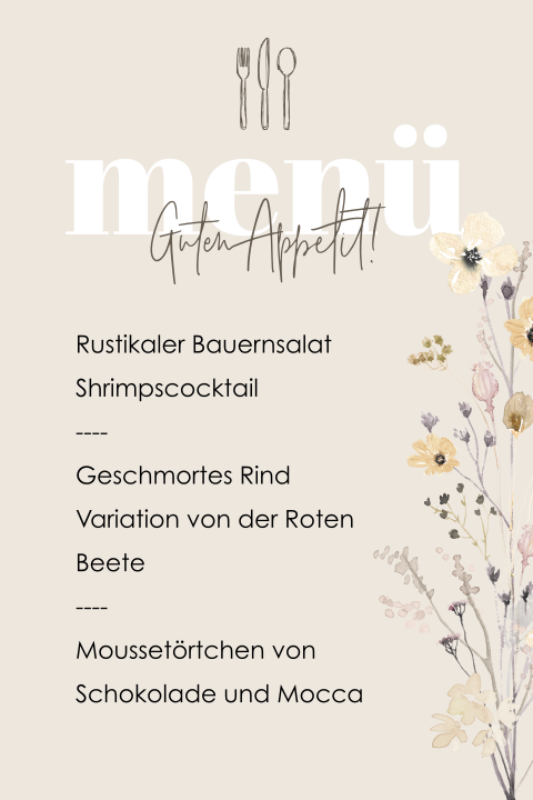 Florale Menükarte mit Besteck und Blumen