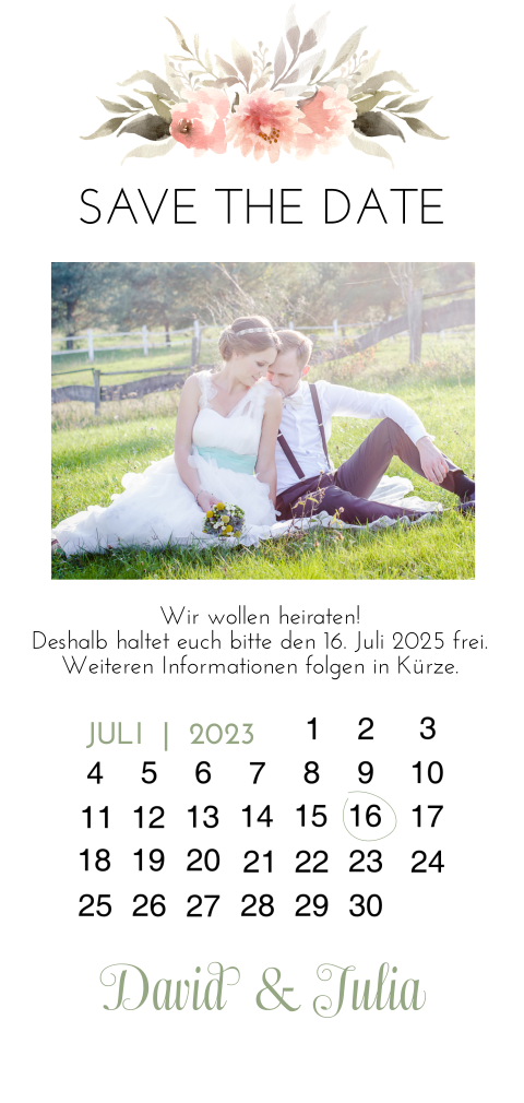 Stilvolle Hochzeitskarte mit Blumen und Foto