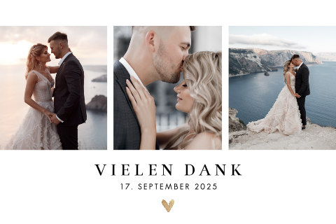 Dankeskarte Postkarte Hochzeit mit drei Fotos und Herz