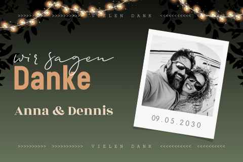 Danksagung zur Hochzeit mit Foto und Girlanden Gartenparty