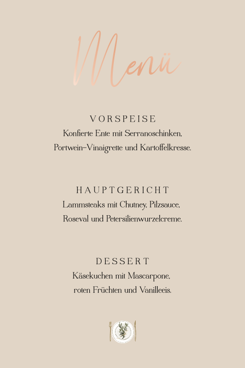 Menü mit Roségoldfolie