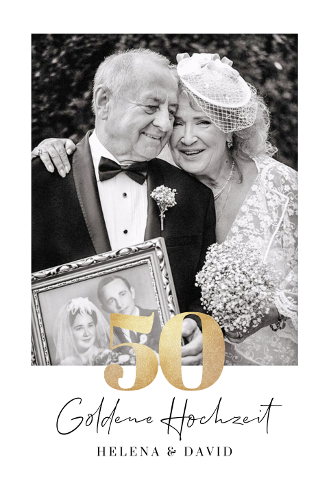 Einladungskarte zur Goldenen Hochzeit mit goldener 50 und Foto