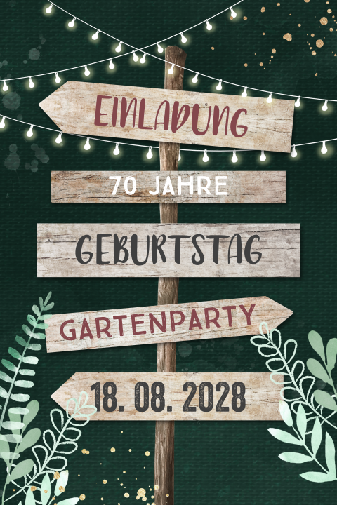 Doppelseitige Einladung zum 70 Geburtstag mit Wegweiser Lichterkette