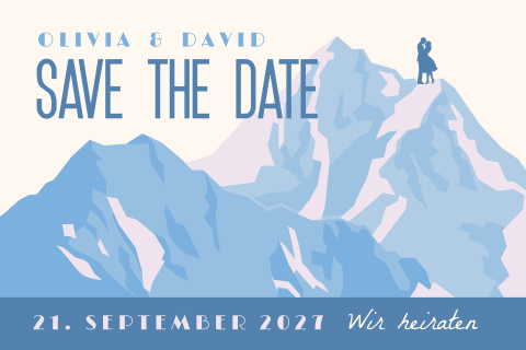 Save the Date Karte im Retro Filmplakat Look mit Bergmotiv