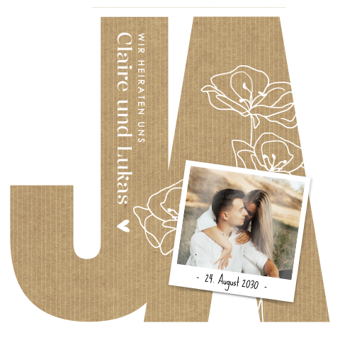 Hochzeitseinladung "JA“ mit Kraft-Look und Hochglanzfoto
