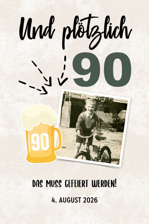 Einladung zum 90.Geburtstag mit Bierglas und Foto
