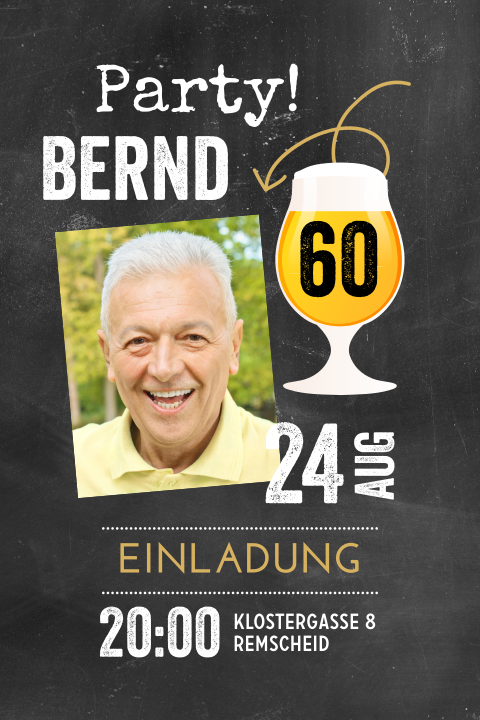 Geburtstagseinladung mit Bierglas und Tafellook