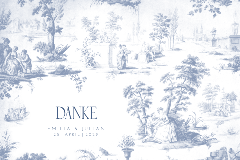 Dankeskarte im Bridgerton-Stil in Weiß und Blau mit Bild und Rahmen