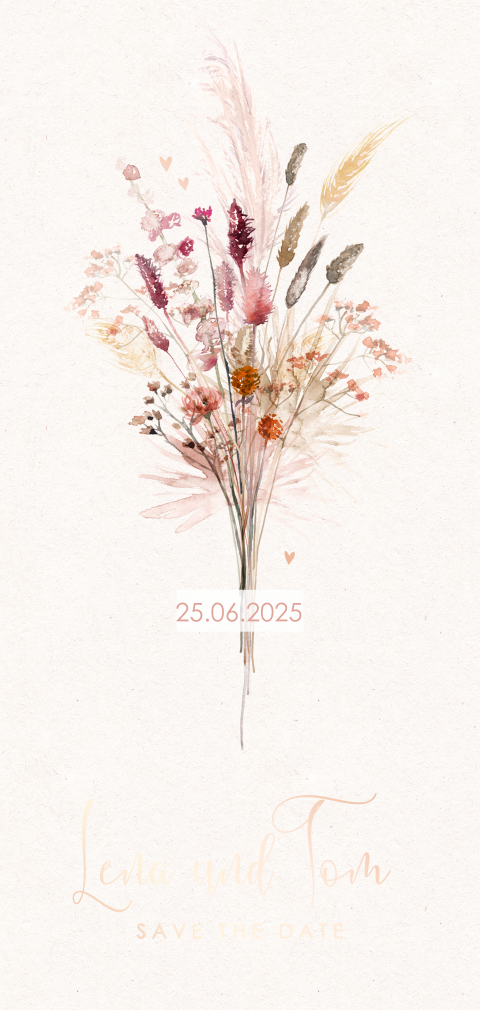 Save-the-Date Karte mit Feldblumenbukett und Roségoldfolie
