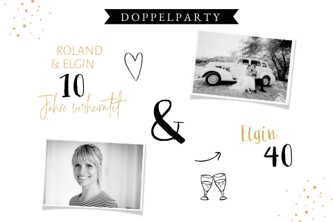 Doppelparty-Einladung 10 und 40 in Schwarz-Weiss mit Gold und Fotos