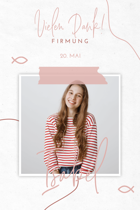 Wunderschöne Dankeskarte Firmung mit rosa Schreibschrift und Ichtys