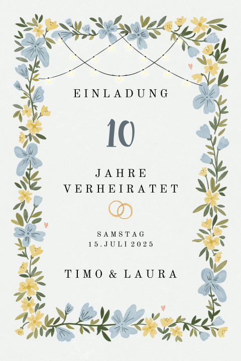 Einladungskarte zur Rosenhochzeit mit Blumenrahmen und Lichterkette
