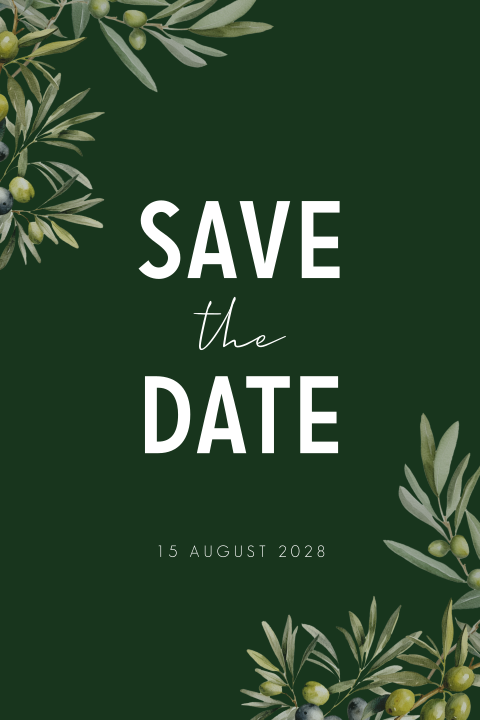 Save the Date Karte in grün mit Olivenzweigen